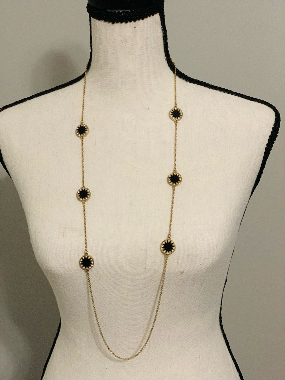 Long Gold Chain Necklace with Black Sunburst Medallions